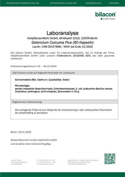 Laborbericht Gelencium Curcuma Plus Charge C0157868