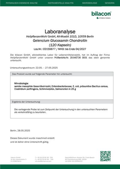 Laborbericht Gelencium Glucosamin Chondroitin Charge C0159677
