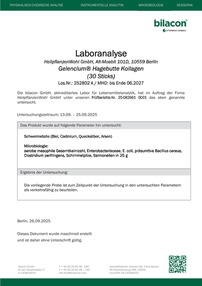 Laborbericht Gelencium Hagebutte Kollagen Charge 252802A