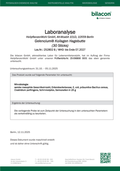 Laborbericht Gelencium Hagebutte Kollagen Charge 252802B