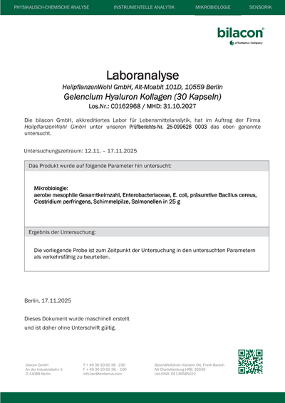 Laborbericht Gelencium Hyaluron Kollagen Charge C0162968