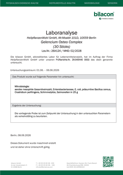 Laborbericht Gelencium Osteo Complex Charge 26A124