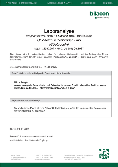 Laborbericht Gelencium Weihrauch Plus Charge 2532004