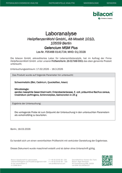Laborbericht Gelencium MSM Plus Charge F05466